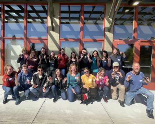 A group photo from the Molt Search Train the Trainers Workshop in April. Look at those crab claws! Photo credit: Elyse Kelsey