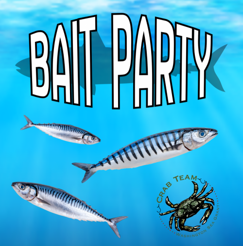 The "Bait Party" title has a silhouette of a mackerel behind it. The background is an underwater ocean photo. Beneath the title are three mackerel at various angles and the Crab Team Logo is in the bottom righthand corner.