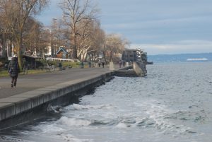 An example of the impact of king tides, showing water halfway up a staircase at Alki Beach Park in Seattle.