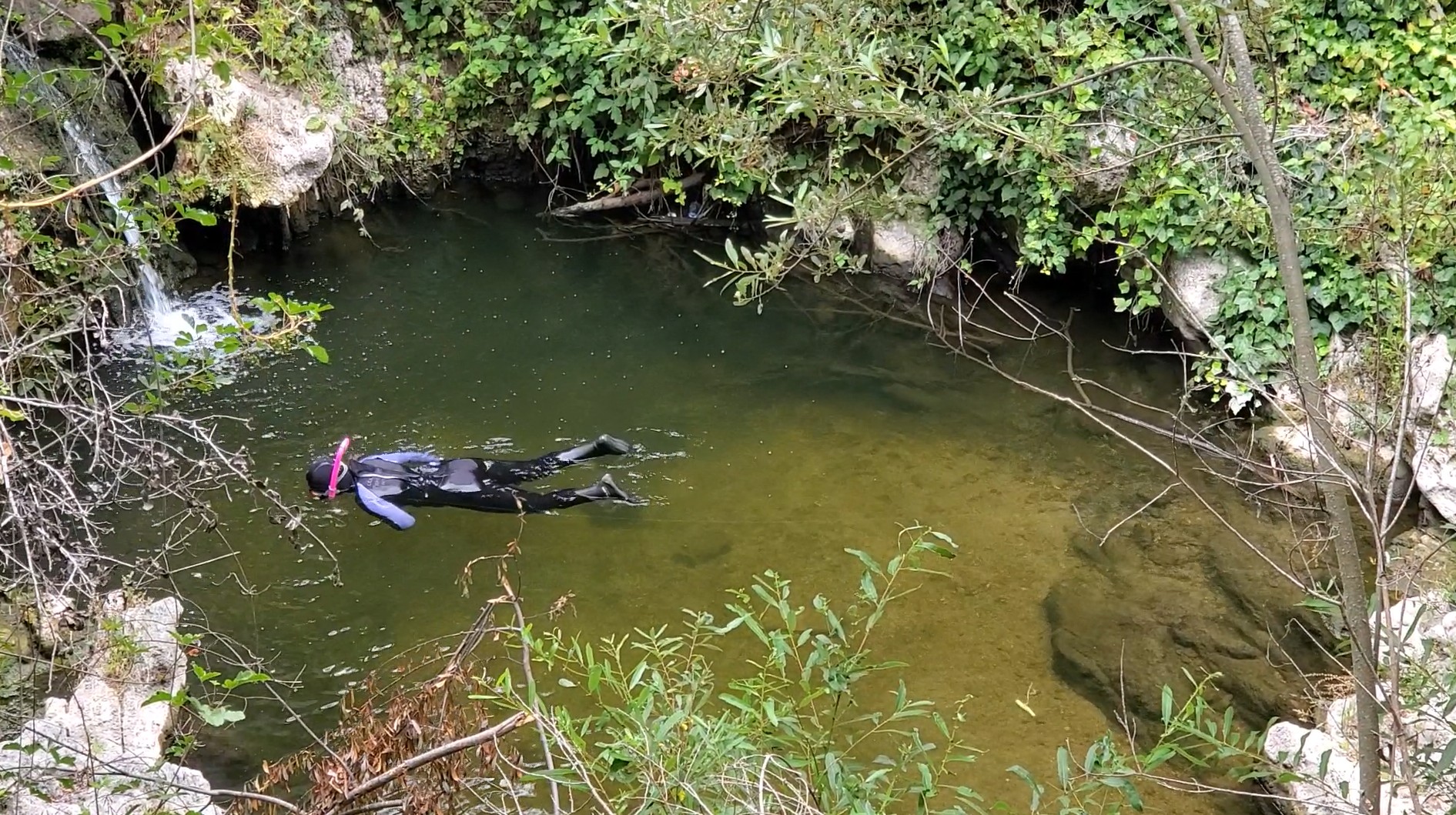 The photo is taken from above looking down into a pool of water with a small waterfall to the left side of the pool. The pool is surrounded by rocks and vegetation. Hannah is swimming in the middle of the pool in a black and purple wetsuit and a pink snorkel.