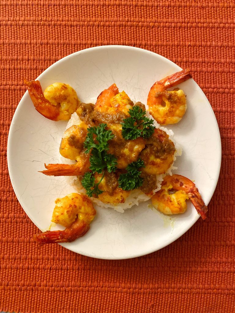 grilled shrimp satay with rice and garnish