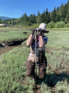 Garrison-Laney drills into the earth to take a sediment core.