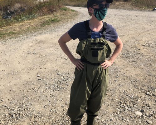 Crab team program manager Emily Grason sports fashionable waders in the field. Photo credit: Sean McDonald