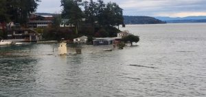 Flooding caused by a king tide in Gig Harbor submerges roads and buildings on the coast.