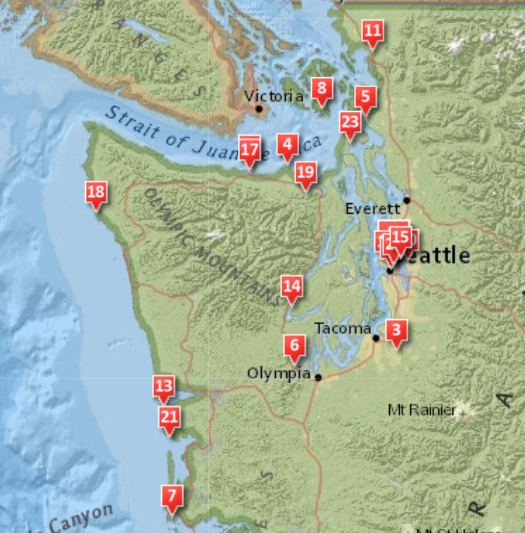 Map of Puget Sound Area Showing Markers Where WSG Works