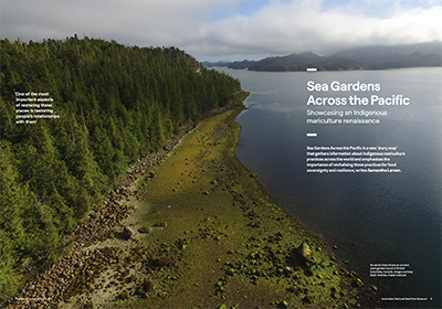 screen shot of cover of signals magazine article. photo shows an ancient clam garden in British Columbia. 