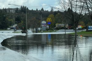 A flooded road near a Thriftway and McDonalds in Raymond, Washington.