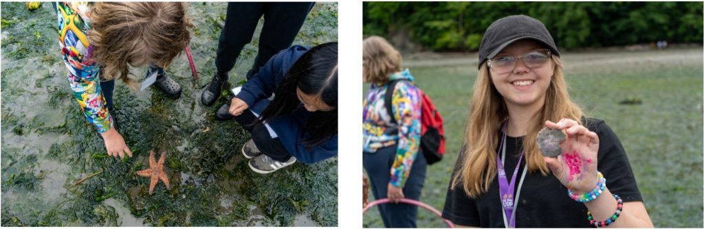 Two photos side by side. The left photo shows two students bending to look at a starfish on a beach. The right shows a student holding up a sand dollar and smiling at the camera.